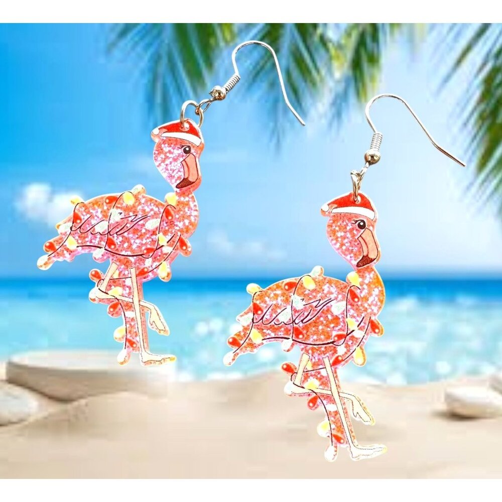 Christmas Flamingo Earrings New Santa Hat Holiday Lights Glitter Accents…